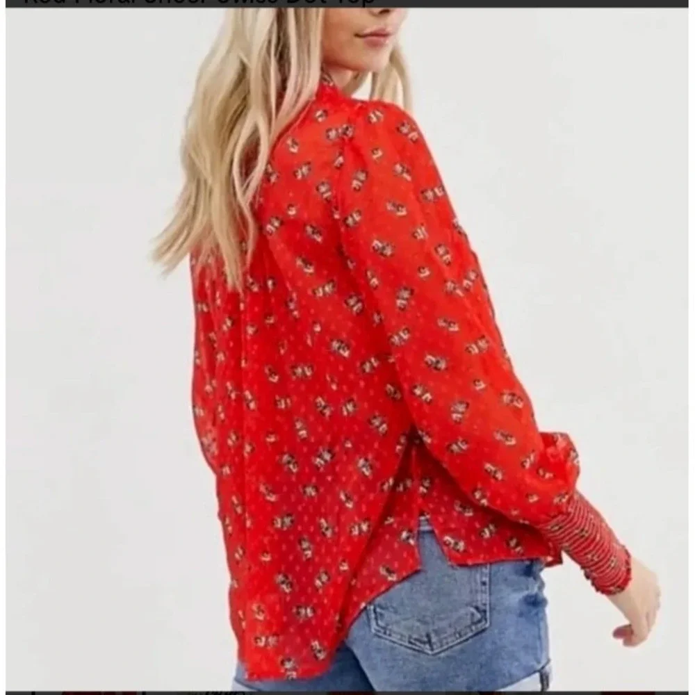 Free People Floral Blouse Womens S Red Cottagecore Pintuck Swiss Dot Sheer Top‎